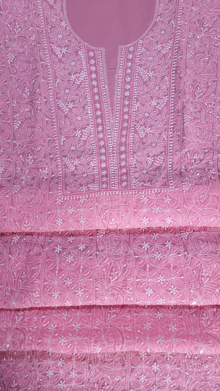 Unstitched Cotton Hand Embroidered Chikankari Dress Material with Cutdana, Resham & Badla Work | Pure Chiffon Dupatta | Lucknowi Artistry