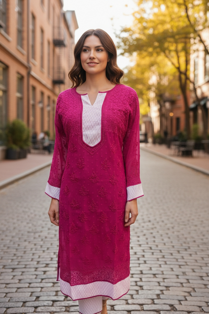 Women’s Georgette Chikankari Kurti – Designer Hand Embroidered Lucknowi Craft by Paridhan Chikan