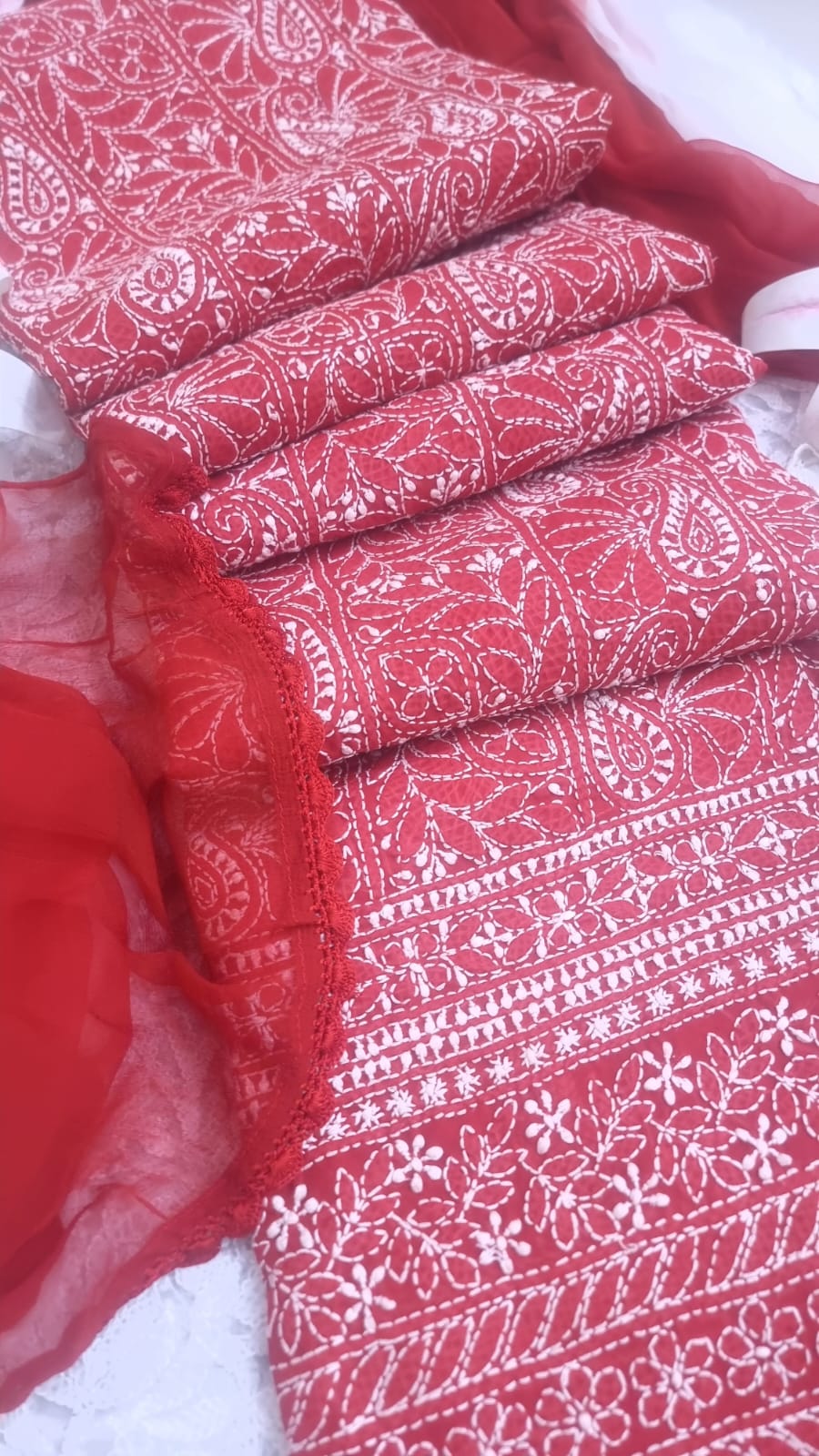 " Lucknowi Chikankari Unstitched Cotton Suit Set – Kurta, Bottom & Dupatta by Paridhan Chikan"