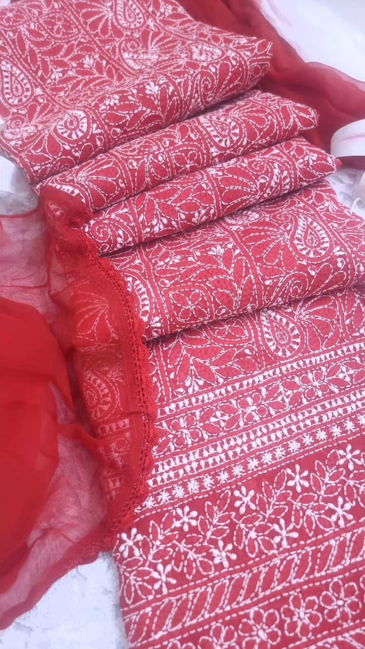 " Lucknowi Chikankari Unstitched Cotton Suit Set – Kurta, Bottom & Dupatta by Paridhan Chikan"