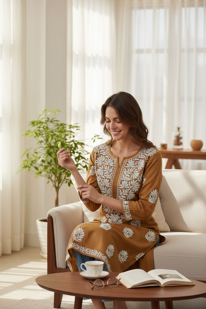 Modal Satin Chikankari Long Kurta | Hand-Embroidered Lucknowi Kurti for Women