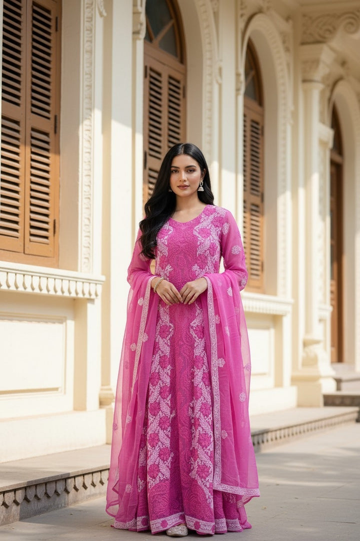 Unstitched Georgette Chikankari Dress Material | Hand Embroidered Kurta, Bottom & Dupatta