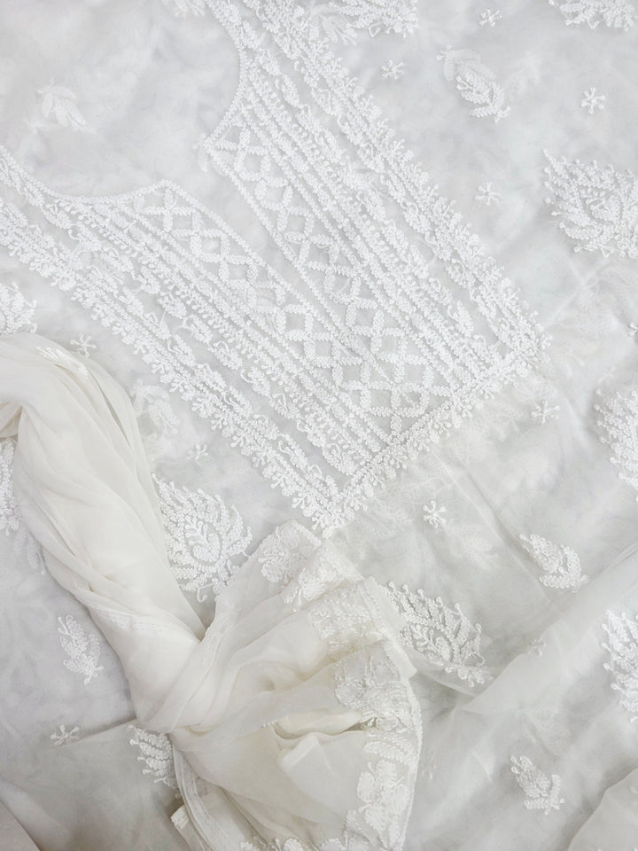 Lucknowi Georgette Chikankari Dress Material – Hand Embroidery Kurta, Bottom & Dupatta | Festive Queen Shades