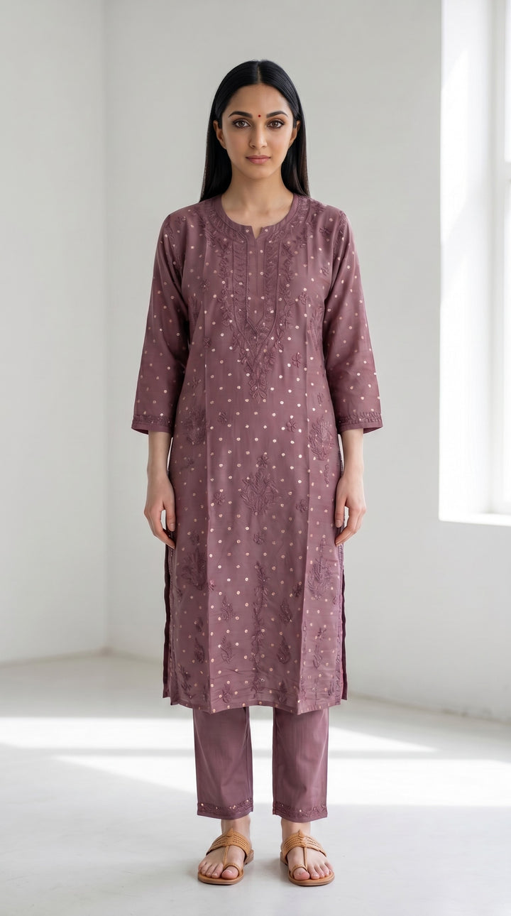 Kiara Chikankari Chanderi Golden Zari Buti Kurti for Women | Soft Non-Transparent | Paridhan Chikan