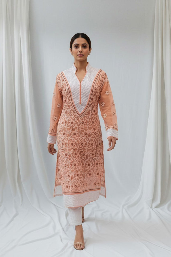 Women’s Georgette Chikankari Kurti – Designer Hand Embroidered Lucknowi Craft by Paridhan Chikan