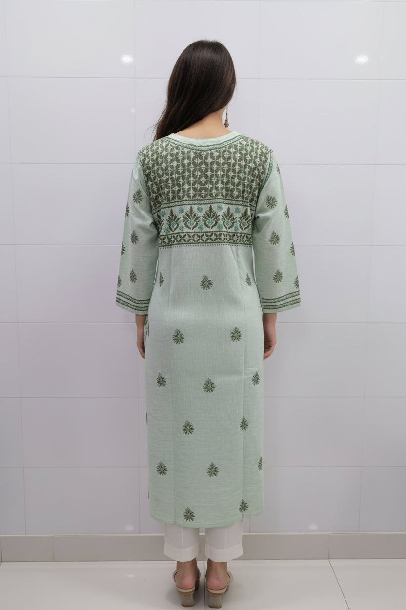 Pure Cotton Linen Lucknowi Chikankari Long Kurti | 100% Hand Embroidered | Non-Transparent | No Shrinkage