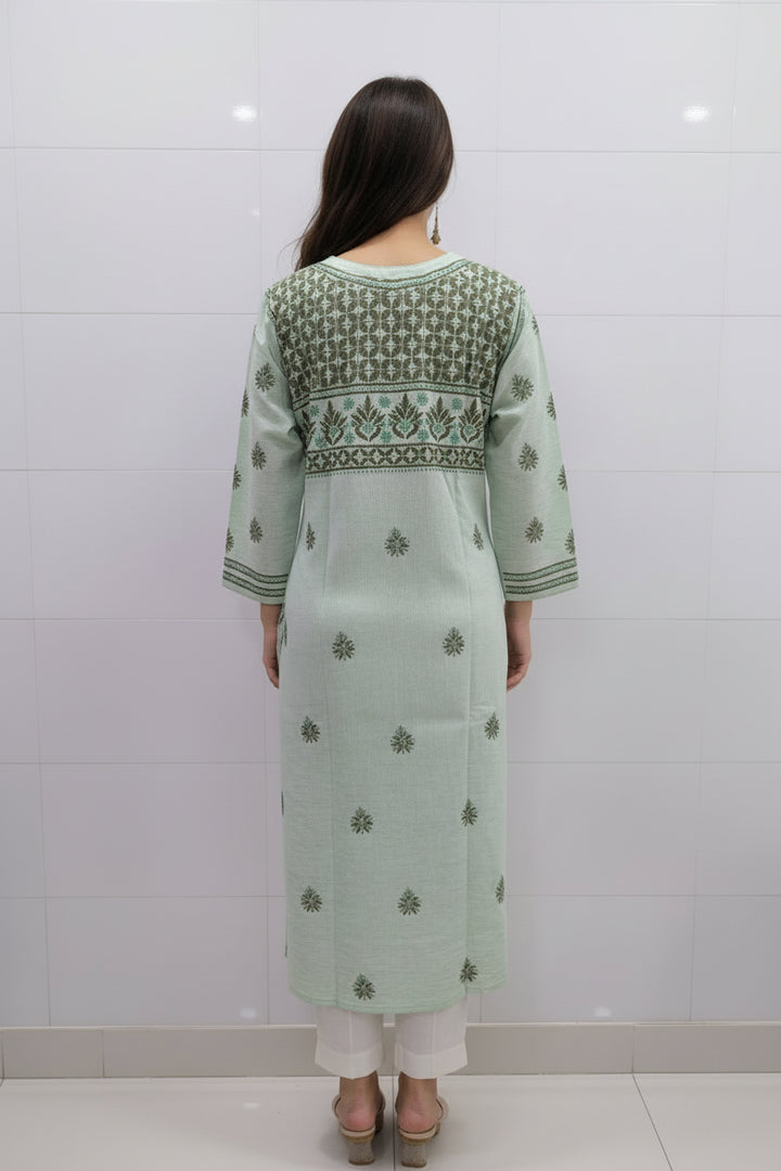 Pure Cotton Linen Lucknowi Chikankari Long Kurti | 100% Hand Embroidered | Non-Transparent | No Shrinkage