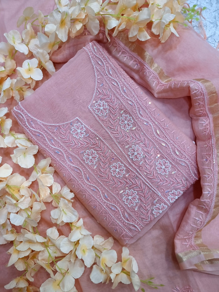 Premium Mul Chanderi Supersoft Dyeable Chikankari Dress Material | Hand Embroidered with Pearls & Cutdaana | Kurta & Dupatta Set