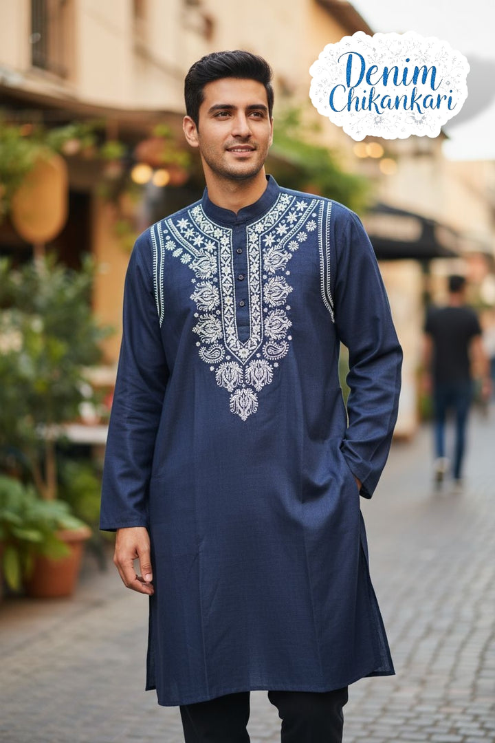 Gents Denim Lucknowi Chikankari Hand Embroidered Kurta – Soft, Stylish & Comfortable