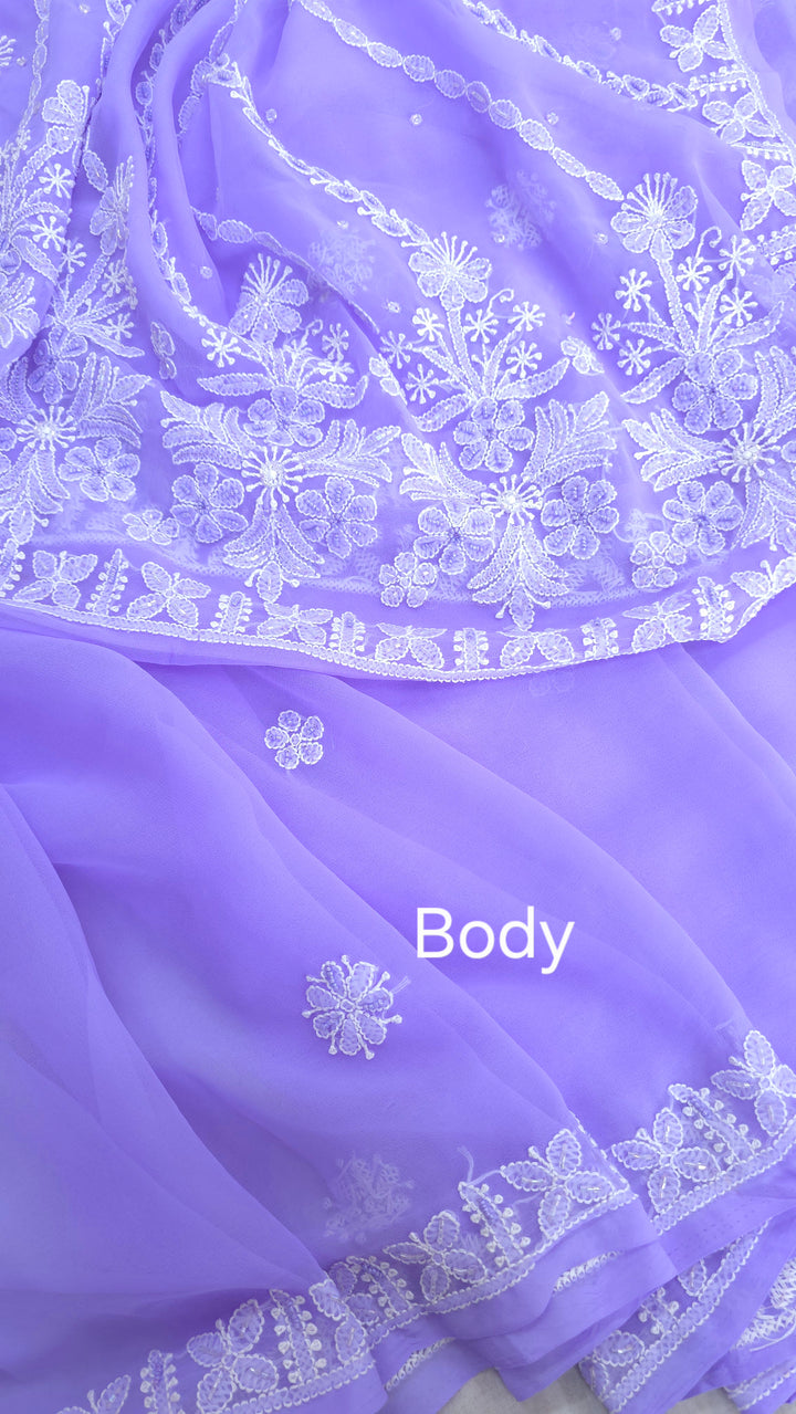 Pearl Chikankari Saree on Faux Georgette with Matching Blouse | Hand Embroidered Lucknowi Saree | Paridhan Chikan Heritage Collection