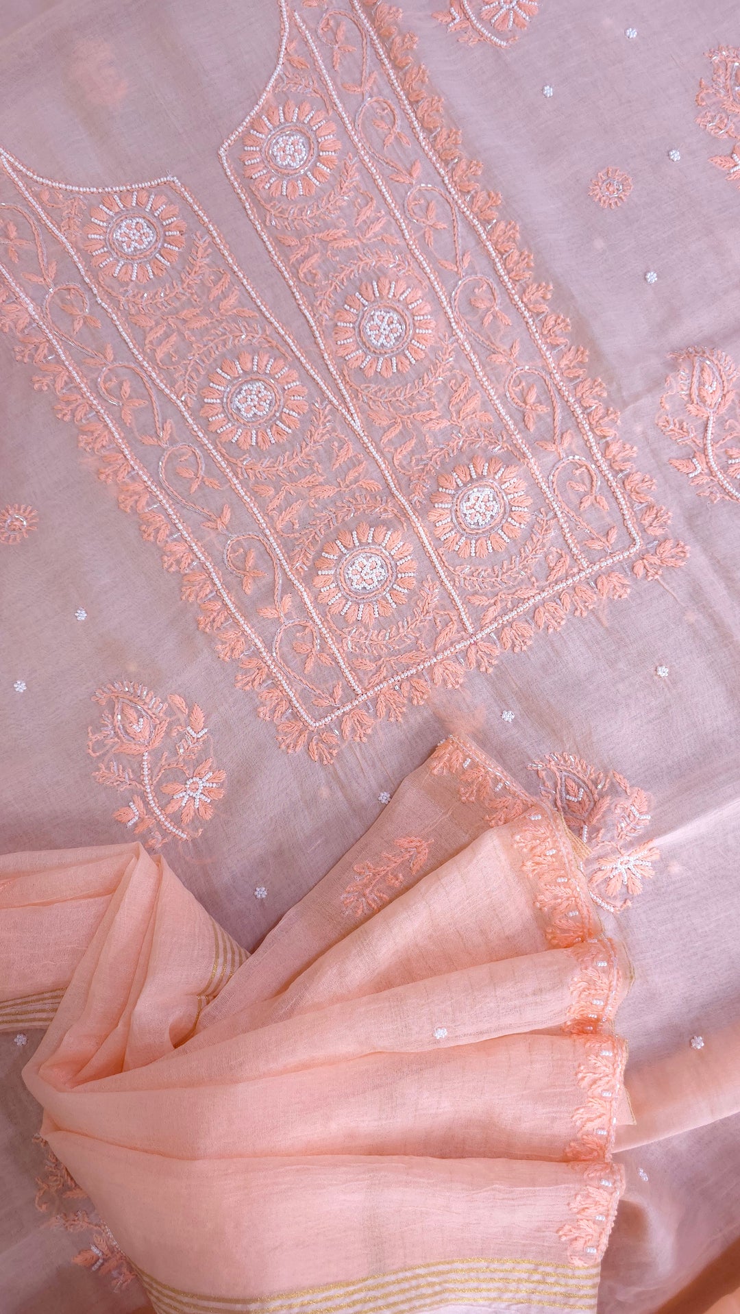 Hiba Premium Mul Chanderi Supersoft Dyeable Chikankari Dress Material | Hand Embroidered with Pearls & Cutdaana | Kurta & Dupatta Set