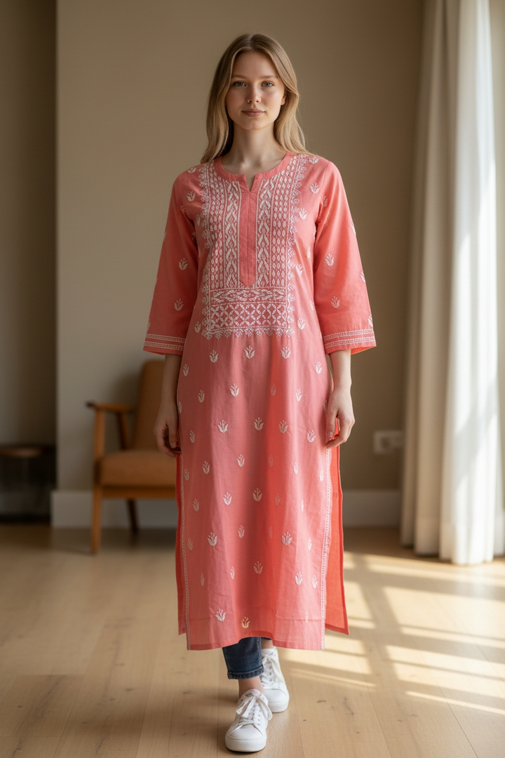 Cotton slub Chikankari Hand Embroidered Kurti for Women | Premium Soft & Non-Transparent Fabric | 46 Inch Length | Lucknowi Chikan Kurta