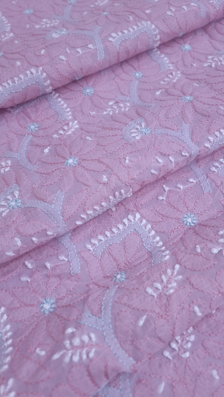 Lucknow Chikankari Hand Embroidered Cotton Dress Material with Tri-Color Motifs & Pure Chiffon Dupatta