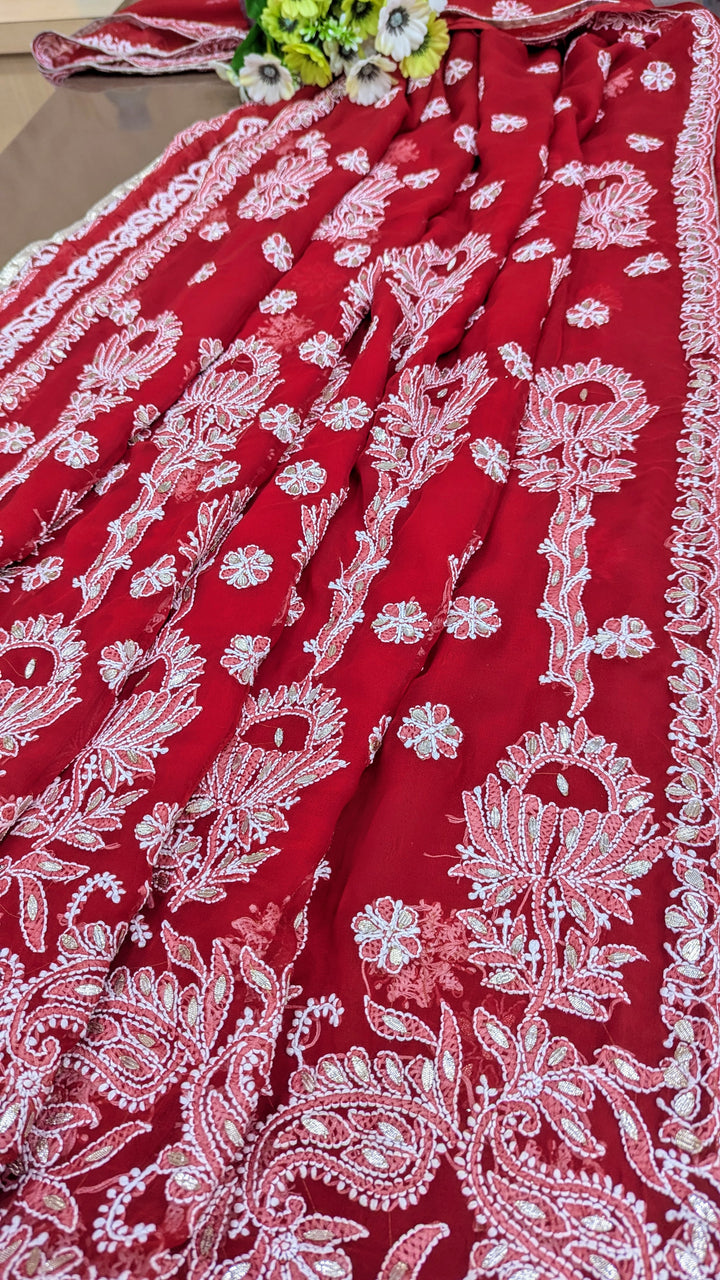 Embellished with Gota Patti | Hand Chikankari Faux Georgette Saree | Lucknowi Embroidery | Designer Festive Wear by Paridhan Chikan
