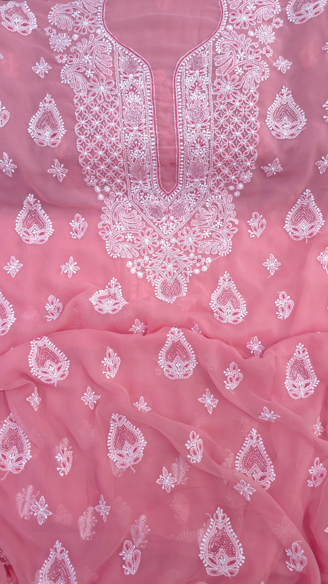 Alina Heavy Embellished Georgette Chikankari Unstitched Dress Material | Cutdana Handwork