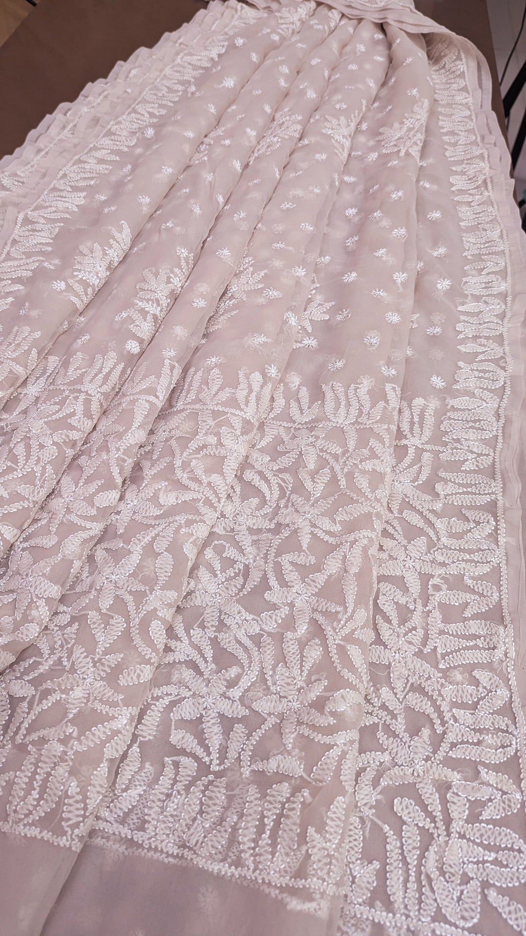 Faux Georgette Hand Chikankari Saree with Exclusive Border & Palla Design | Embroidered Blouse Included | Authentic Lucknow Handicraft by Paridhan Chikan