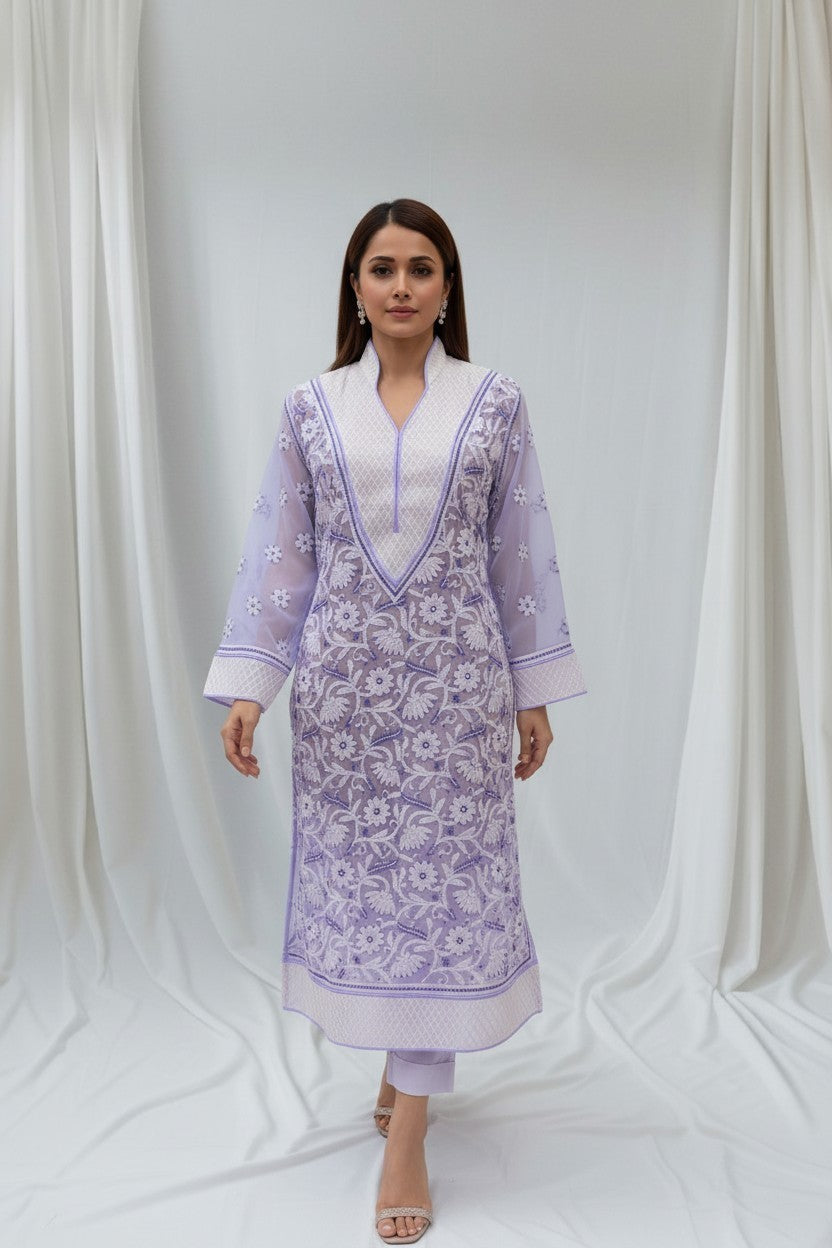 Women’s Georgette Chikankari Kurti – Designer Hand Embroidered Lucknowi Craft by Paridhan Chikan