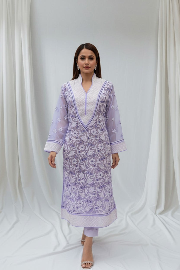 Women’s Georgette Chikankari Kurti – Designer Hand Embroidered Lucknowi Craft by Paridhan Chikan