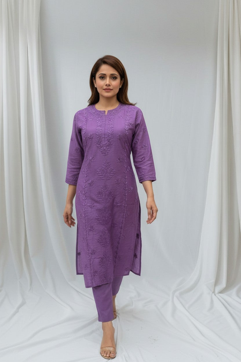 Heena Chanderi Chikankari Kurti – 100% Hand Embroidered, Non-Transparent