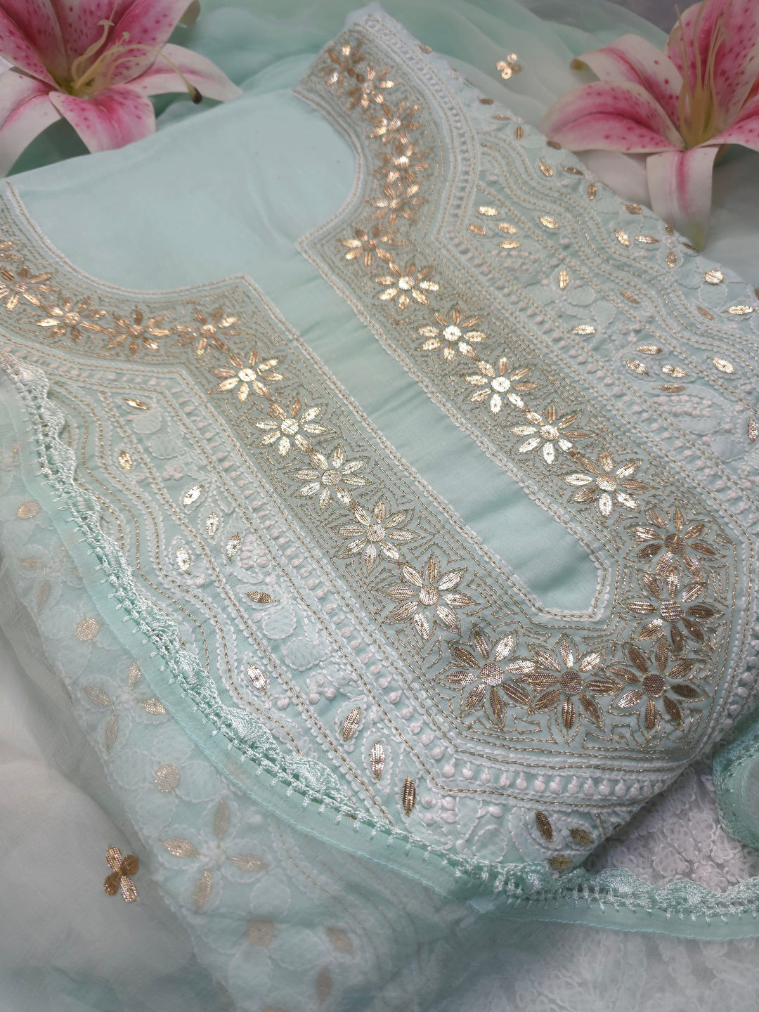 Sea Green Unstitched Soft Cotton Chikankari Suit Set – Aari, Kasab & Patti Embellished Gotta with Pure Chiffon Dupatta