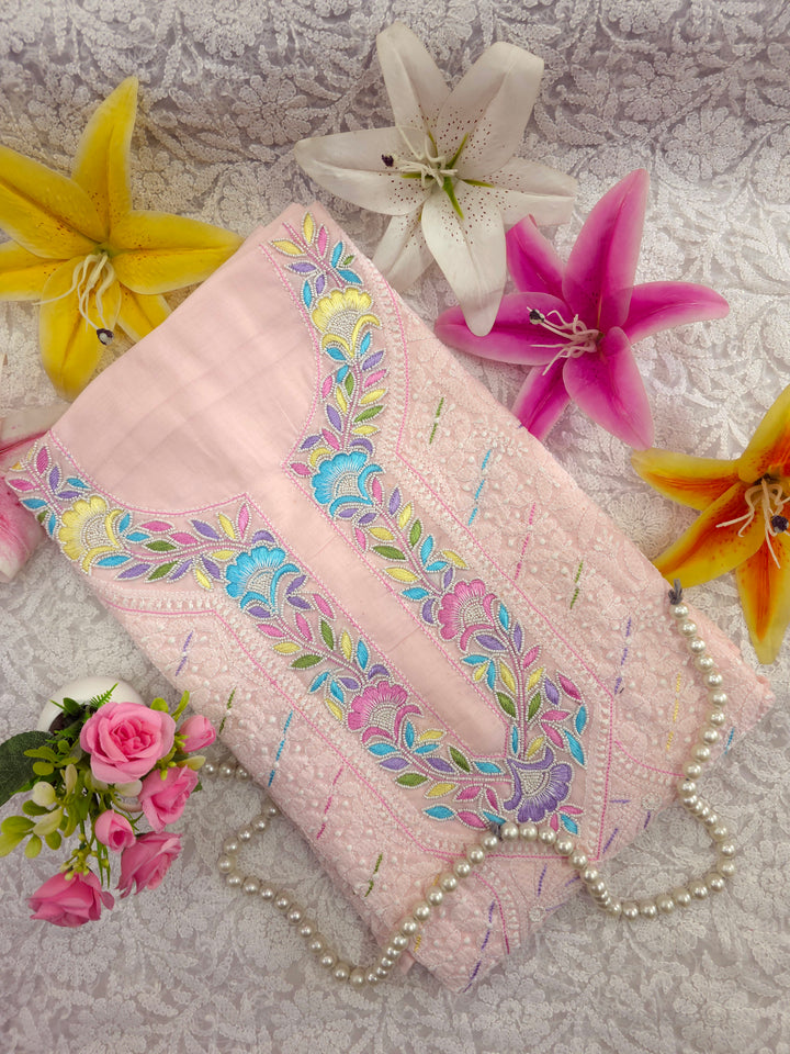 Cotton Resham Neckline chikankari dress material- Baby Pink