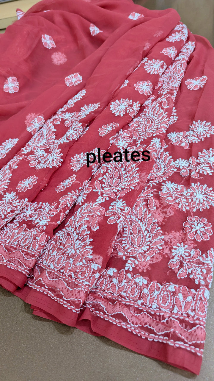 Faux Georgette Hand Chikankari Saree with Exclusive Border & designer Palla Design | Embroidered Blouse Included | Authentic Lucknow Handicraft by Paridhan Chikan