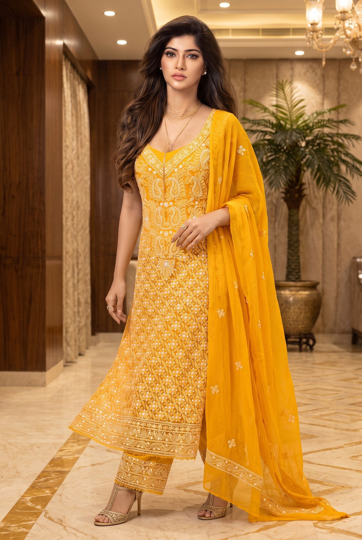Unstitched Georgette Chikankari Dress Material | Hand Embroidered Kurta, Bottom & Dupatta