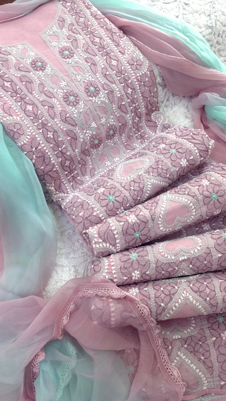Lucknow Chikankari Hand Embroidered Cotton Dress Material with Tri-Color Motifs & Pure Chiffon Dupatta