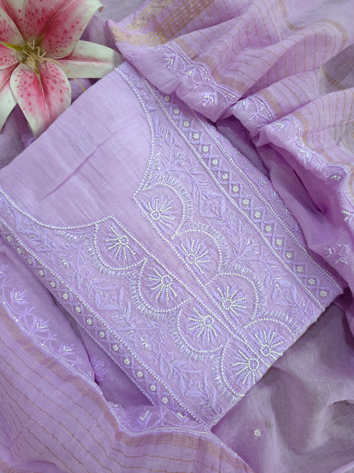 Hiba Premium Mul Chanderi Supersoft Dyeable Chikankari Dress Material | Hand Embroidered with Pearls & Cutdaana | Kurta & Dupatta Set