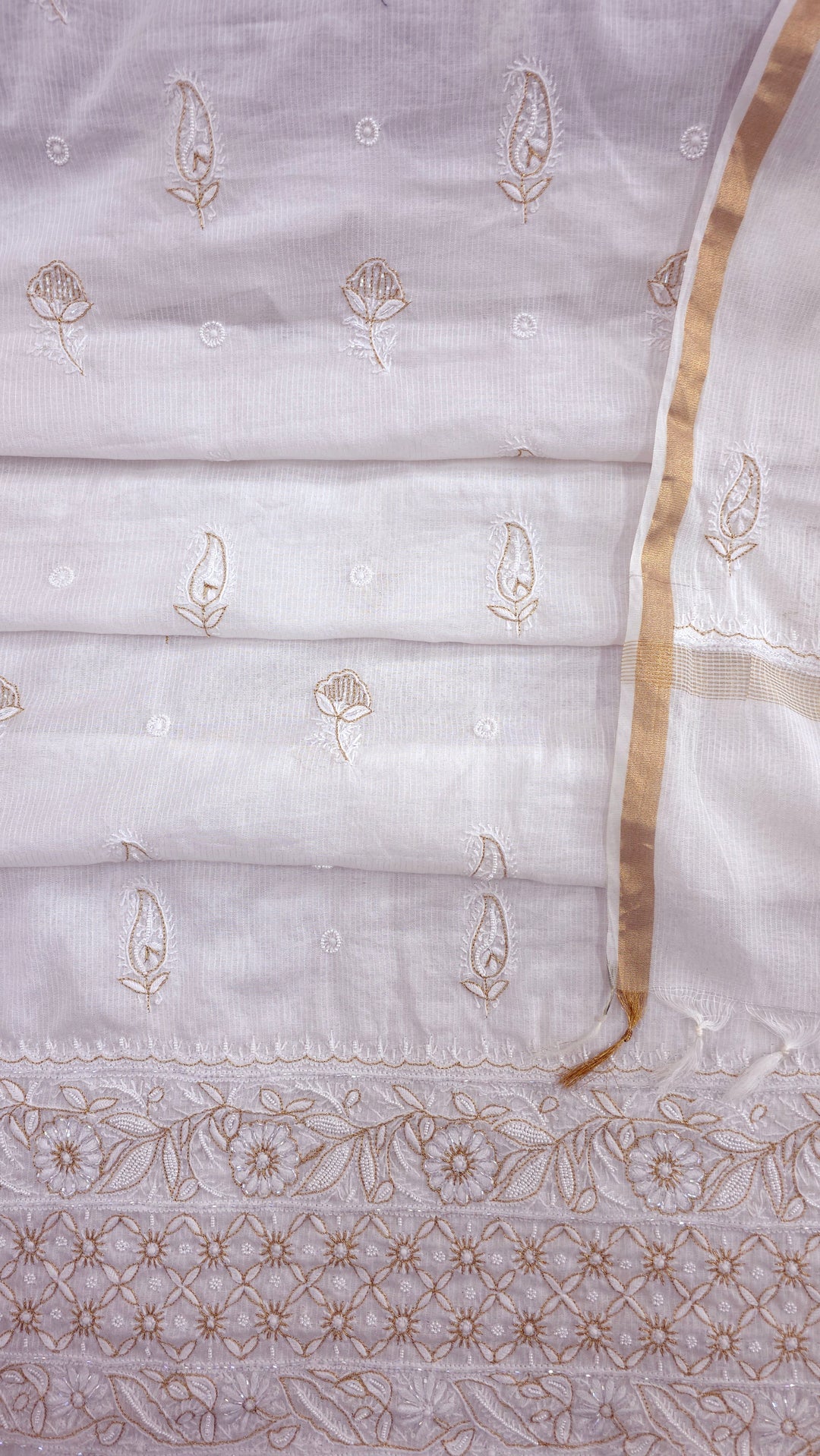 Pure Maheshwari Dyeable Chikankari Kurta Dupatta Set | Hand Embroidered 2 Taar Kurta with Kasab, Pearl & Cutdaana Work