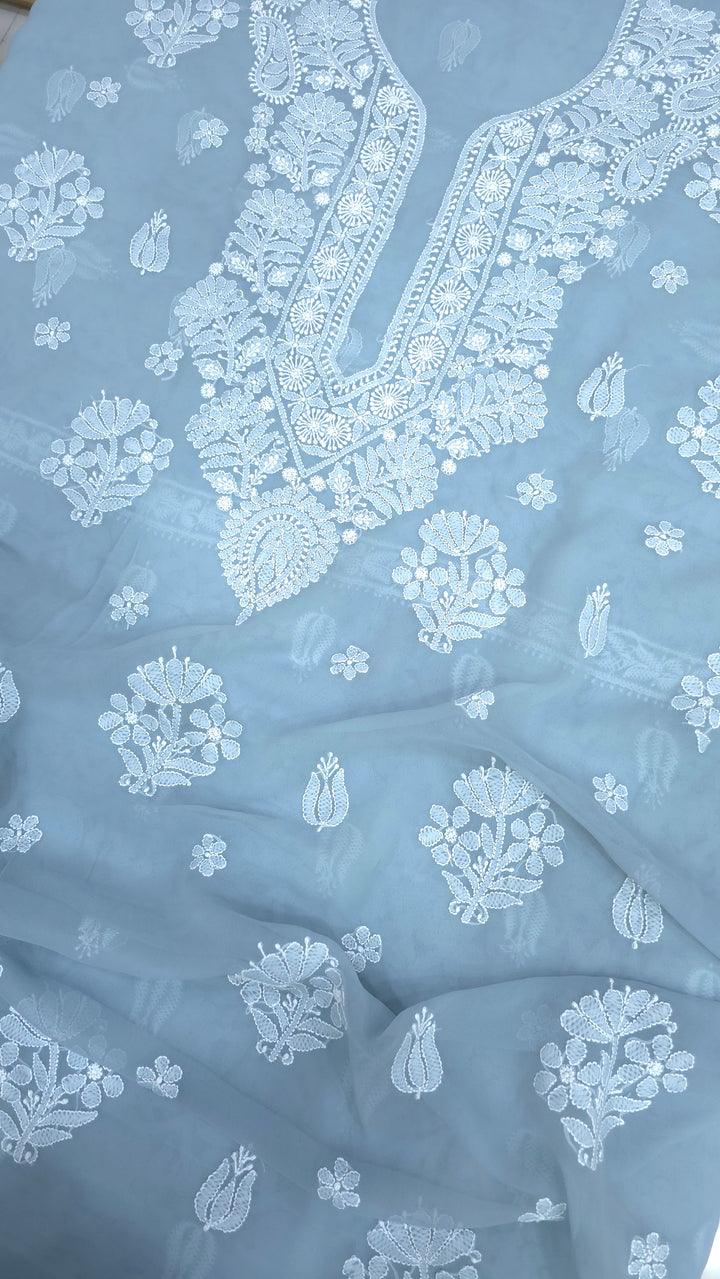 Lucknowi Georgette Chikankari Dress Material – Hand Embroidery Kurta, Bottom & Dupatta | Festive Queen Shades