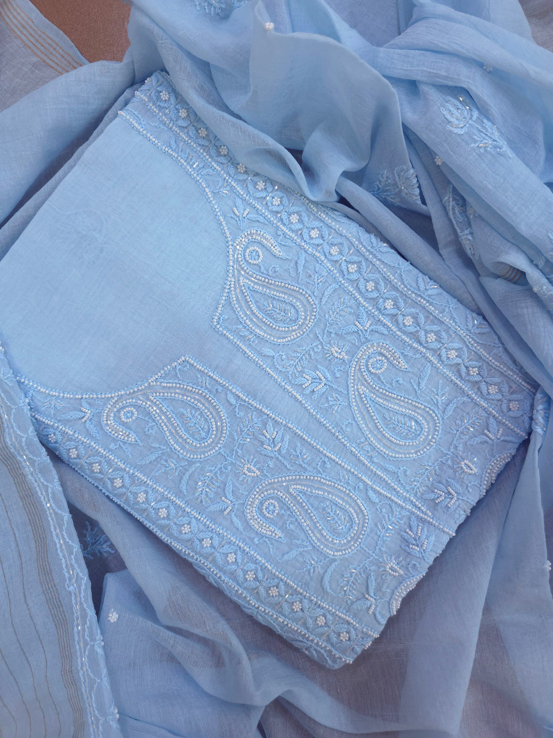 Hiba Premium Mul Chanderi Supersoft Dyeable Chikankari Dress Material | Hand Embroidered with Pearls & Cutdaana | Kurta & Dupatta Set