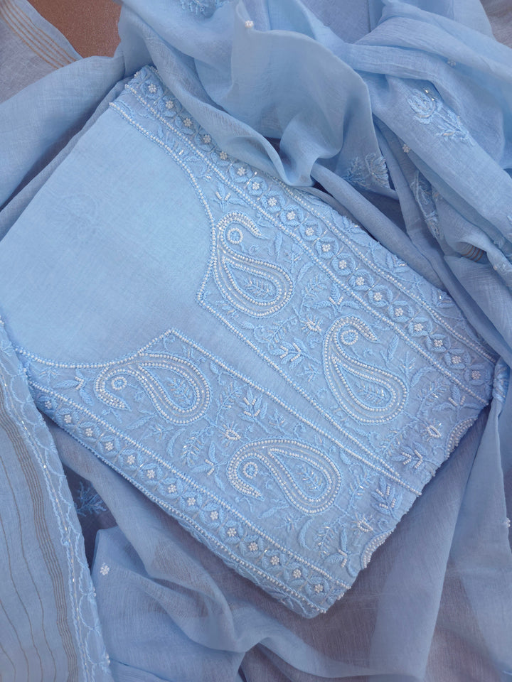 Hiba Premium Mul Chanderi Supersoft Dyeable Chikankari Dress Material | Hand Embroidered with Pearls & Cutdaana | Kurta & Dupatta Set