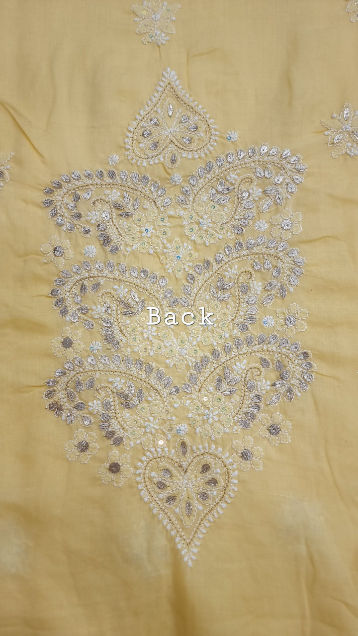 Yellow Unstitched Soft Cotton Chikankari Suit Set – Aari, Kasab & Gotta Patti Embellished with Pure Chiffon Dupatta