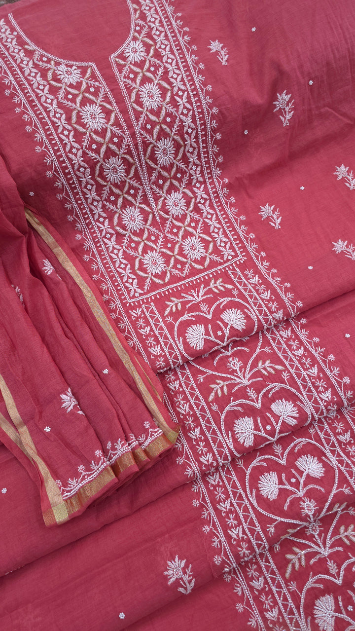 Premium Mul Chanderi Pearl, Cutdana & Kasab Hand Embroidered Unstitched Suit Set
