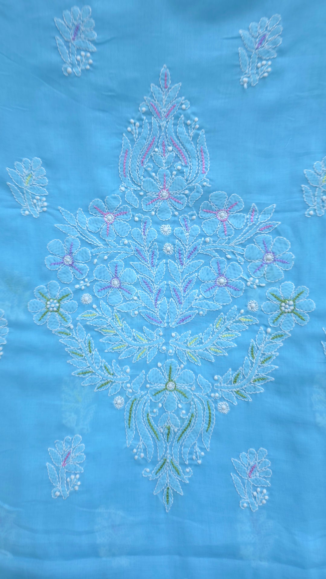Cotton Resham Neckline chikankari dress material- Blue