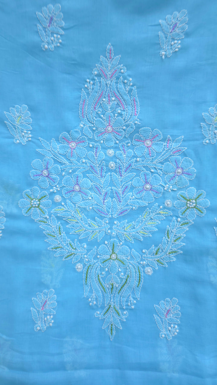 Cotton Resham Neckline chikankari dress material- Blue