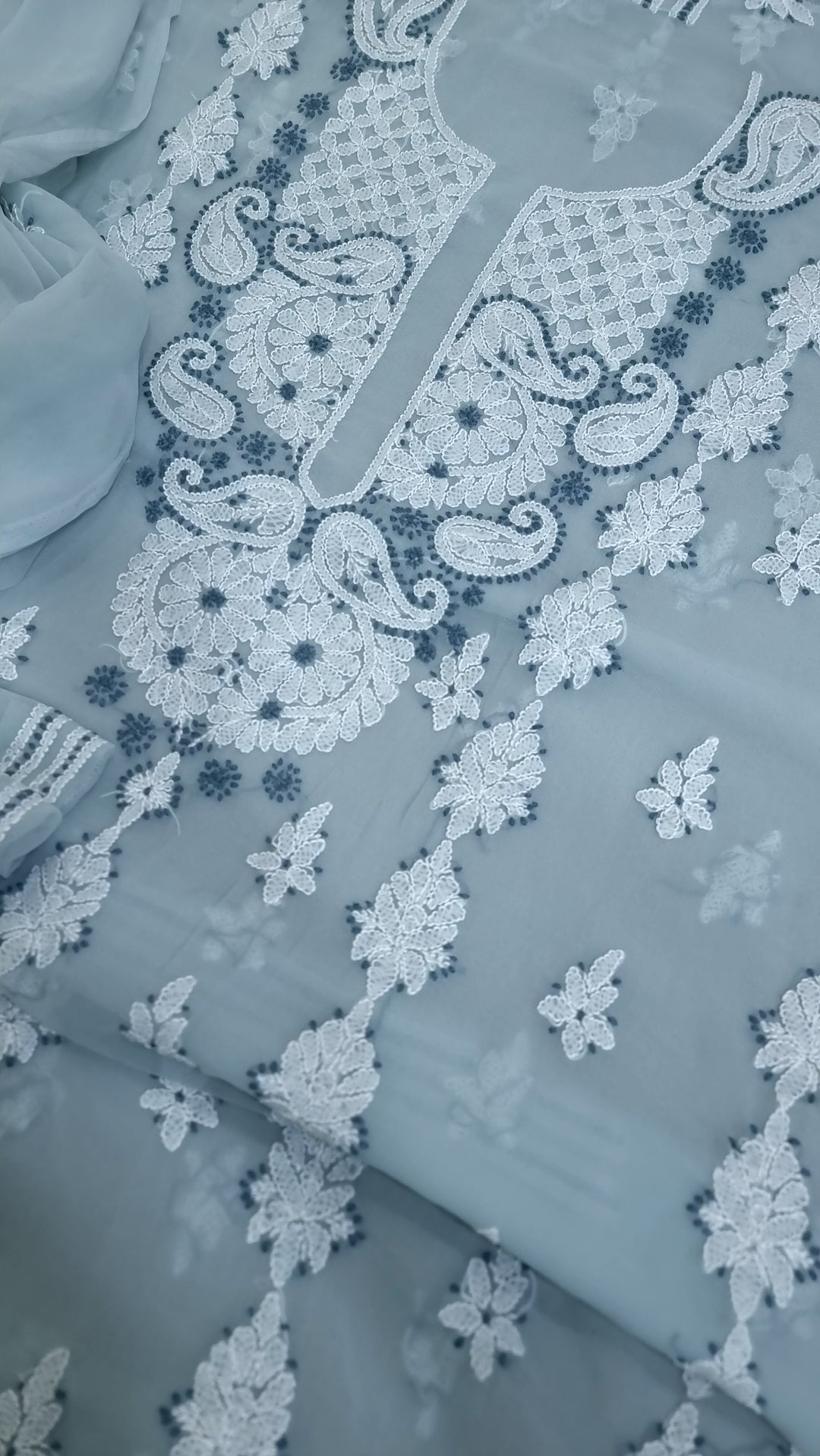 Chikankari Lucknowi Georgette Dress Material – Kurta 3m, Bottom 2.5m & Dupatta 2.5m | Panel Design