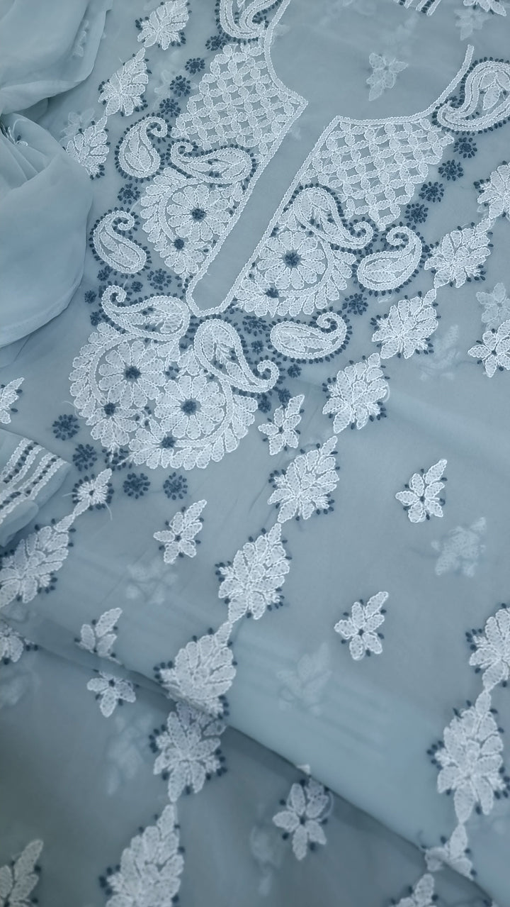Chikankari Lucknowi Georgette Dress Material – Kurta 3m, Bottom 2.5m & Dupatta 2.5m | Panel Design