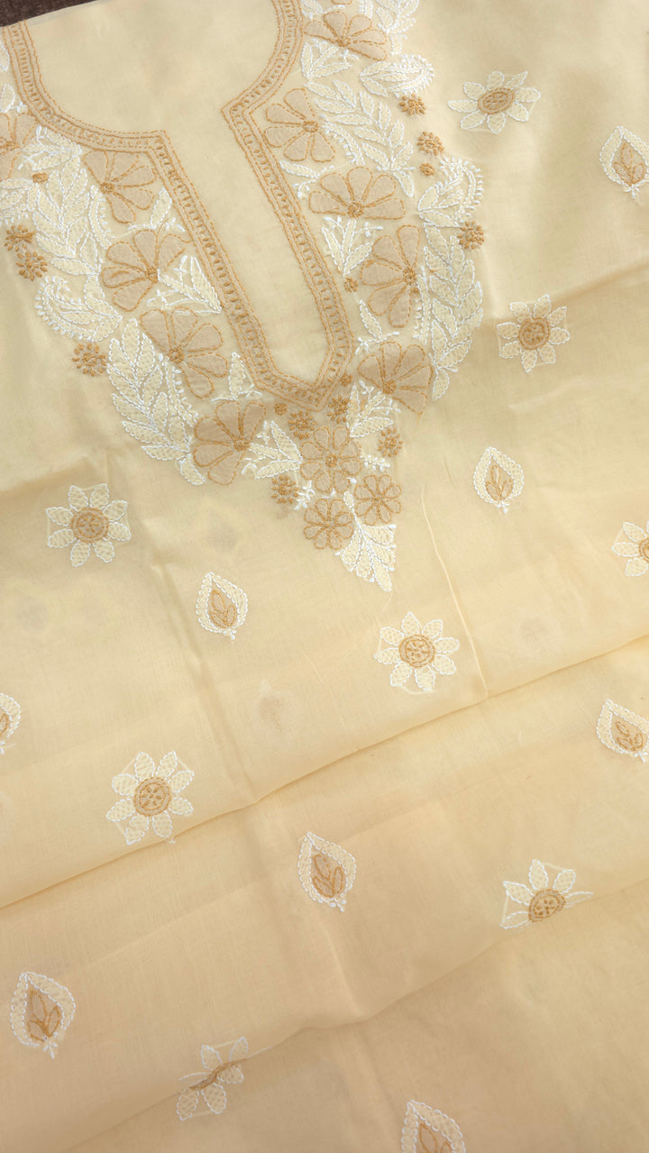 Paridhan Chikan Premium Cool Cotton Chikankari Dress Material Set with Hand Embroidered Kurta, Bottom & Chiffon Dupatta with Handmade Crochet Border