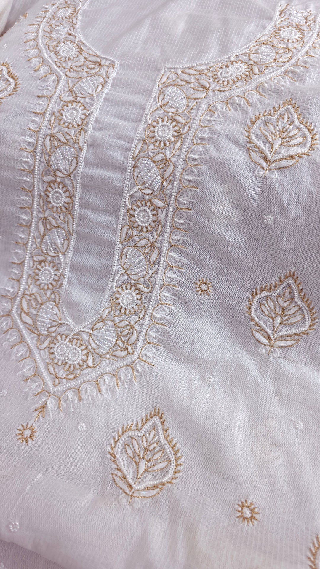 Pure Maheshwari Dyeable Chikankari Kurta Dupatta Set | Hand Embroidered 2 Taar Kurta with Kasab, Pearl & Cutdaana Work