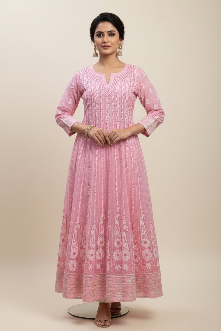 Cotton Lucknowi Chikankari Long Anarkali Kurti | 100% Hand Embroidered| No Shrinkage