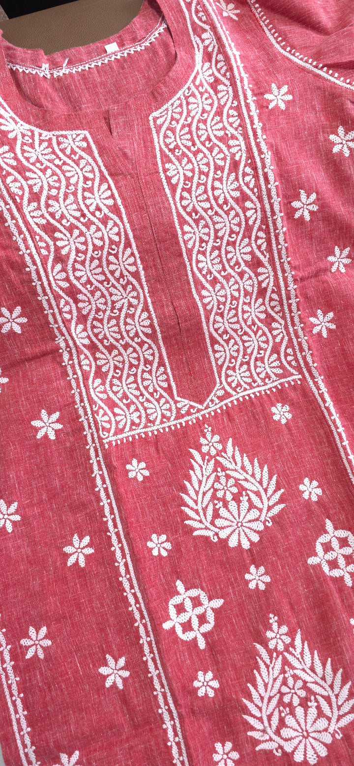 Hand Embroidery Chikankari Linen Kurti - Brick Red