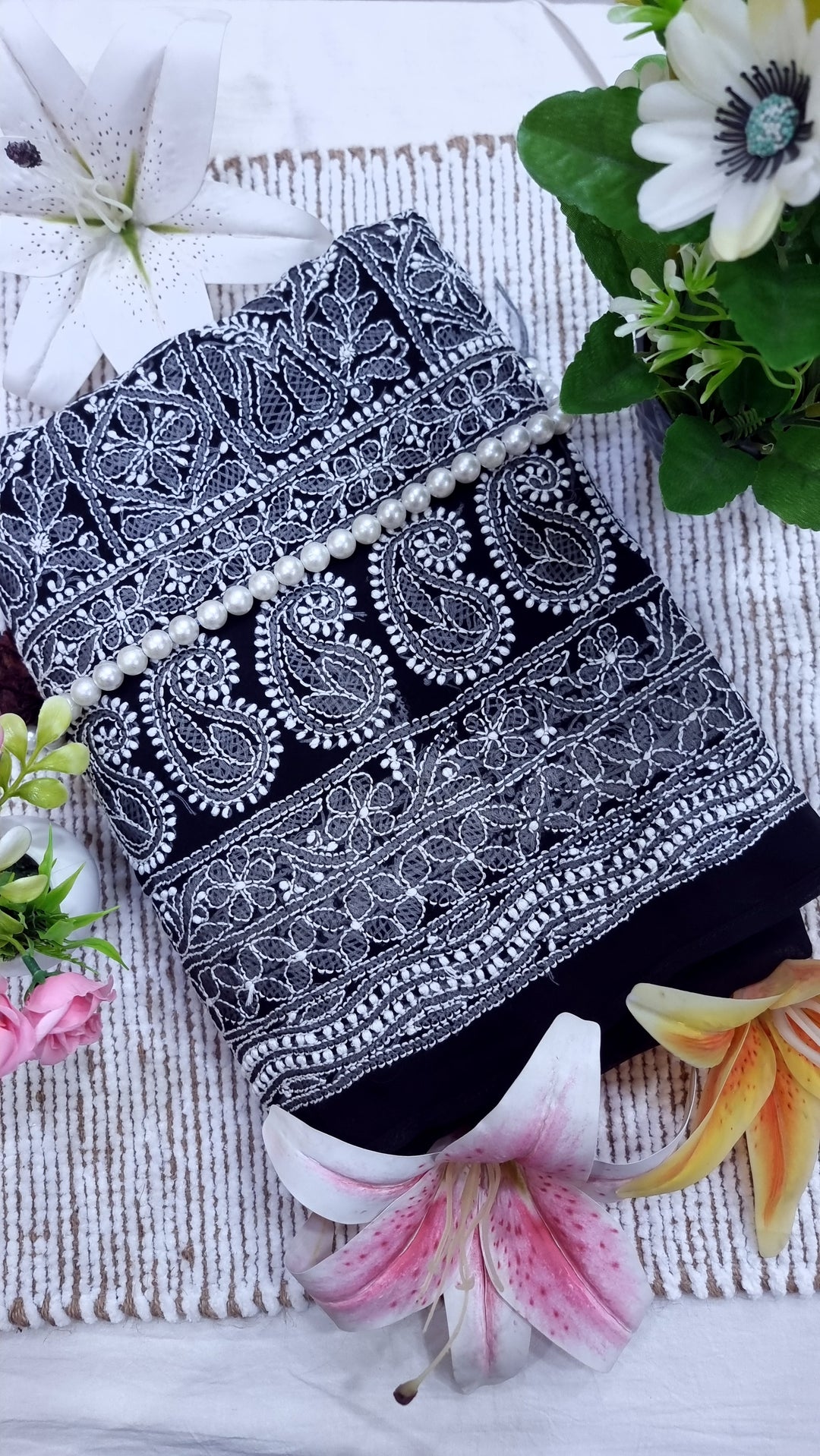 Faux Georgette Chikankari Unstitched Dress Material – Hand Embroidered Kurta, Dupatta & Bottom Premium Set