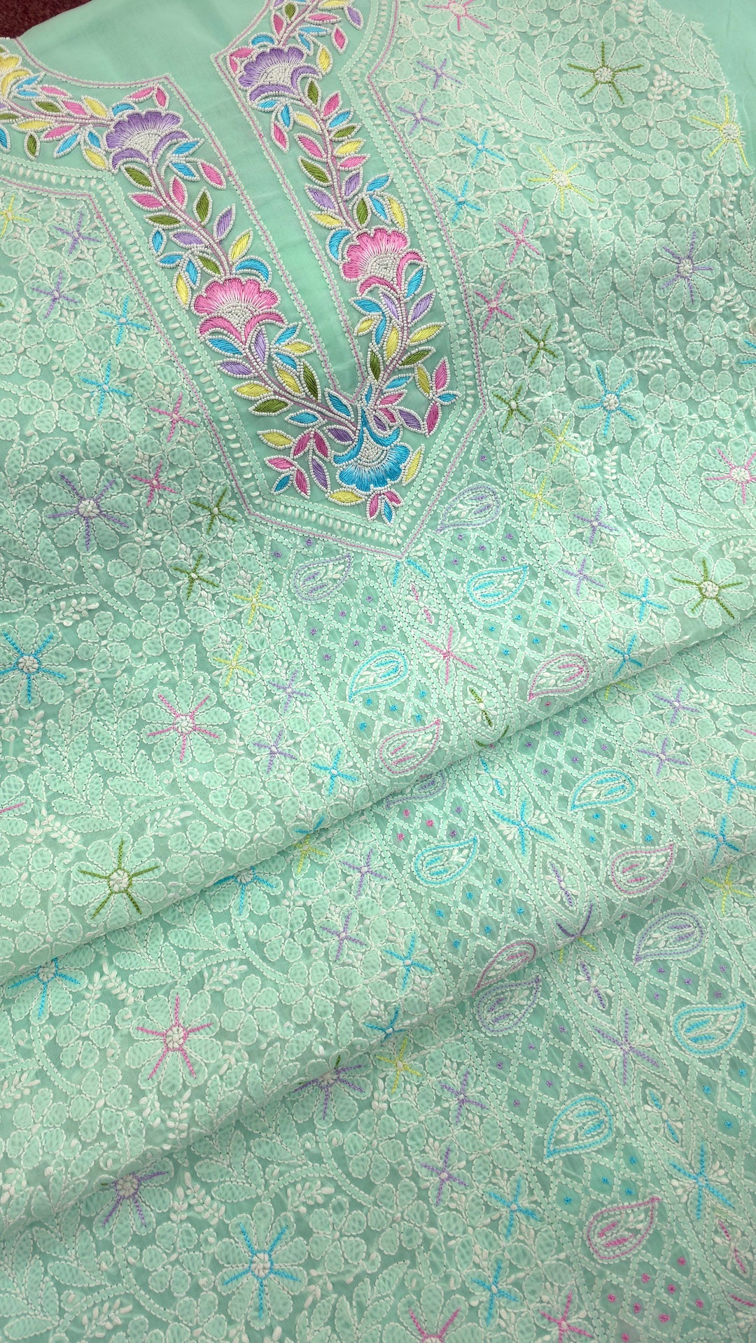 Cotton Resham Neckline chikankari dress material- Sea Green