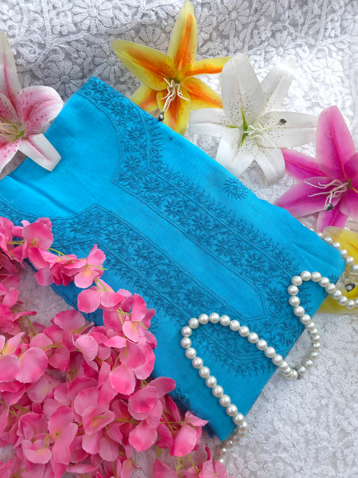 Blue Color Chanderi Hand Embroidered 2-Taar Chikankari Kurta & Dupatta Set | Paridhan Chikan