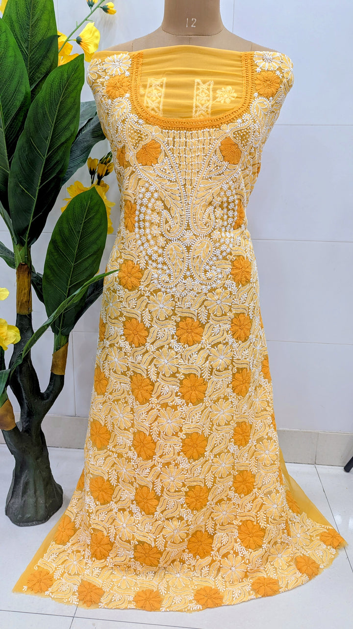 Faux Georgette Chikankari Hand Embroidered Unstitched Kurta Fabric – 3 Meter