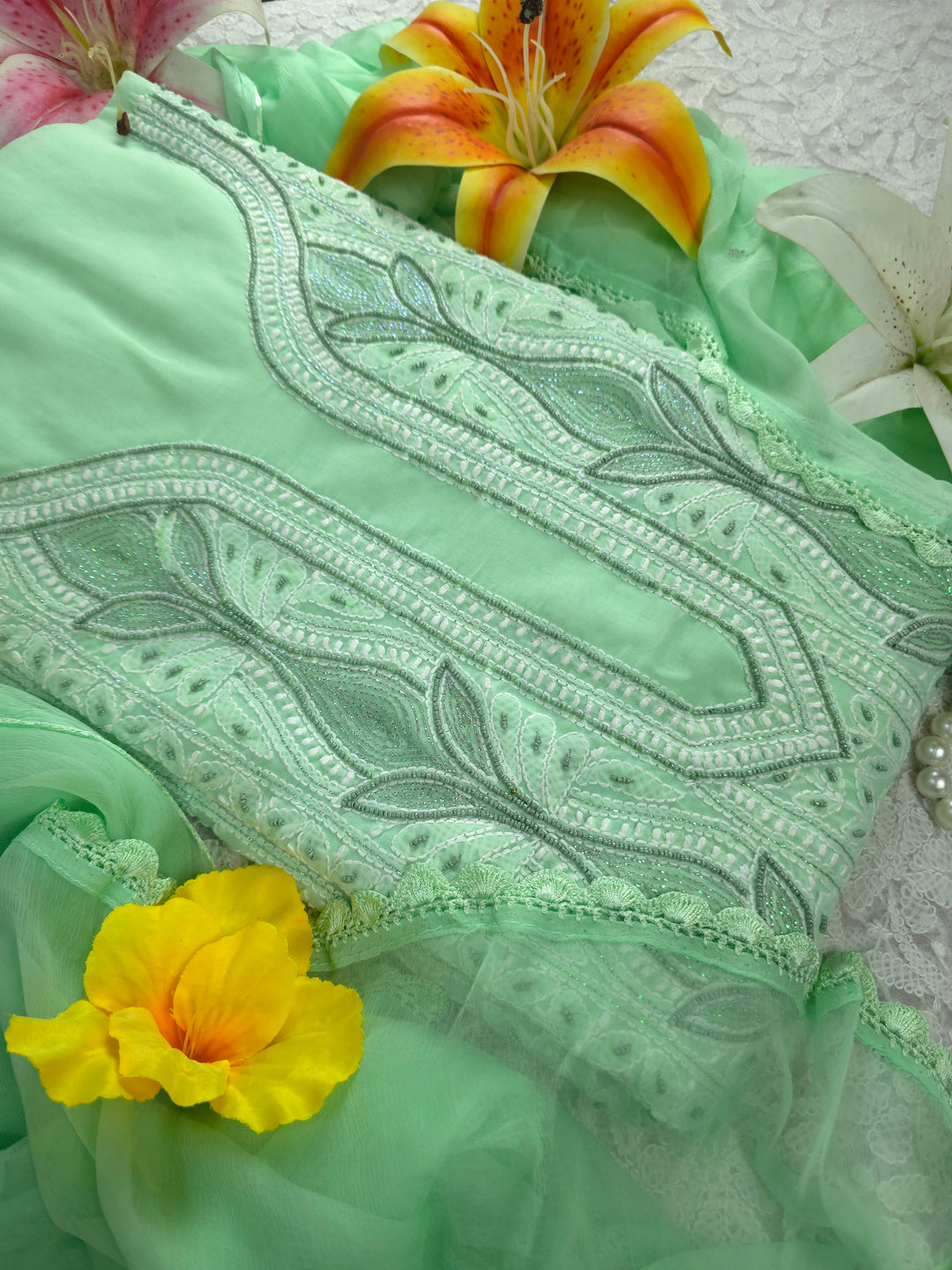 Paridhan Chikan Cotton Chikankari Unstitched Dress Material – 3 Pc Suit Set with Hand Embroidery & Pearl Work in Every Motif