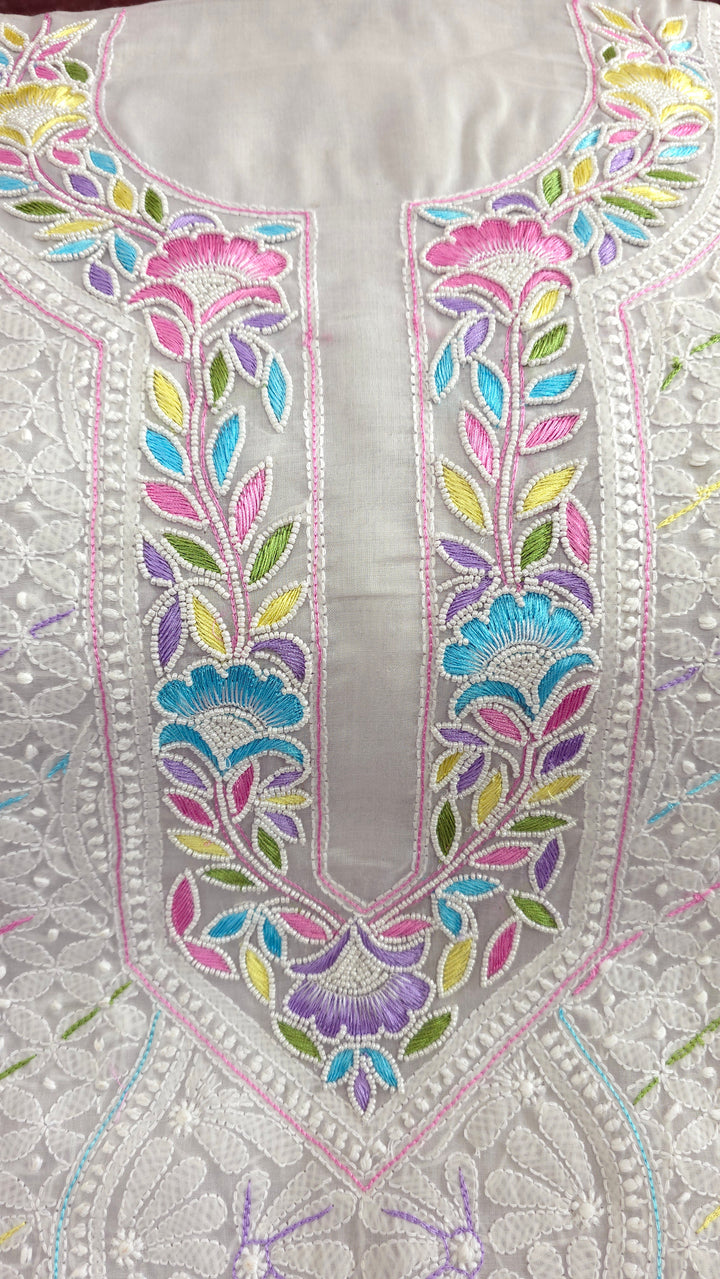 Cotton Resham Neckline chikankari dress material- Grey