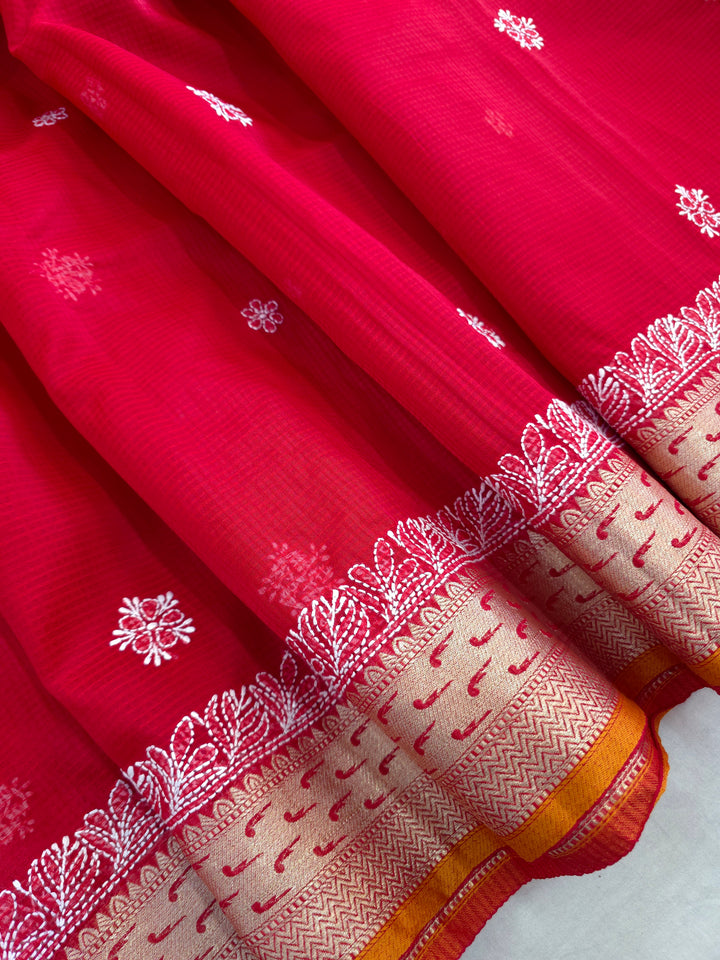 Hand Embroidered Chikankari Banarasi Silk Saree with Intricate Border & Palla Pattern – Includes  Blouse | Paridhan Chikan